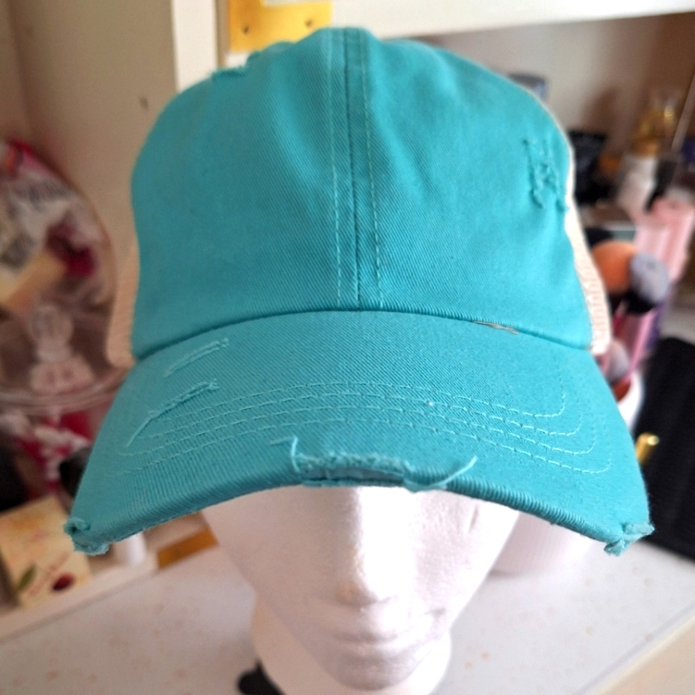 C.C Washed Distressed Cotton Denim Ponytail Adjustable Baseball Cap 